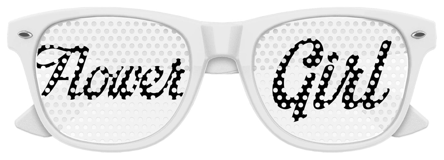 Flower girl wedding party sunglasses by Funglasses, white frame with flower detail, perfect for bridal celebrations and photos.