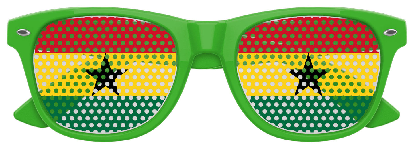 Funglasses Ghana flag World Cup party sunglasses with green, yellow, and red colors and Ghana emblem on the lenses.