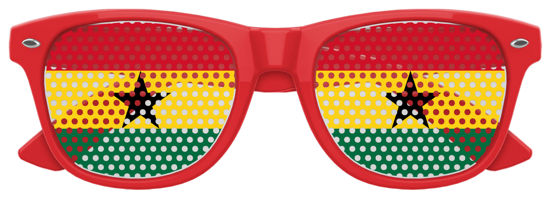 Ghana flag World Cup party sunglasses by Funglasses with red, yellow, green colors and Ghana emblem on the frames.
