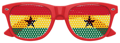 Ghana flag World Cup party sunglasses by Funglasses with red, yellow, green colors and Ghana emblem on the frames.