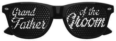 Black wedding party sunglasses labeled "Grandfather of the Groom" by Funglasses, with bold white text on the lenses.