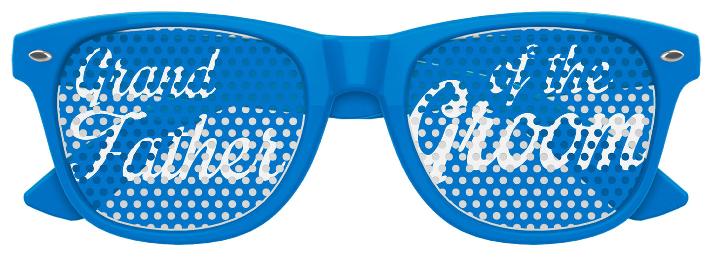 Funglasses Grandfather of the Groom wedding party sunglasses with blue tinted lenses and stylish frame for special occasions.