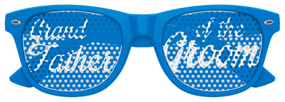 Grandfather of the groom wearing blue Funglasses wedding party sunglasses with "Grandfather of the Groom" text on the lenses.
