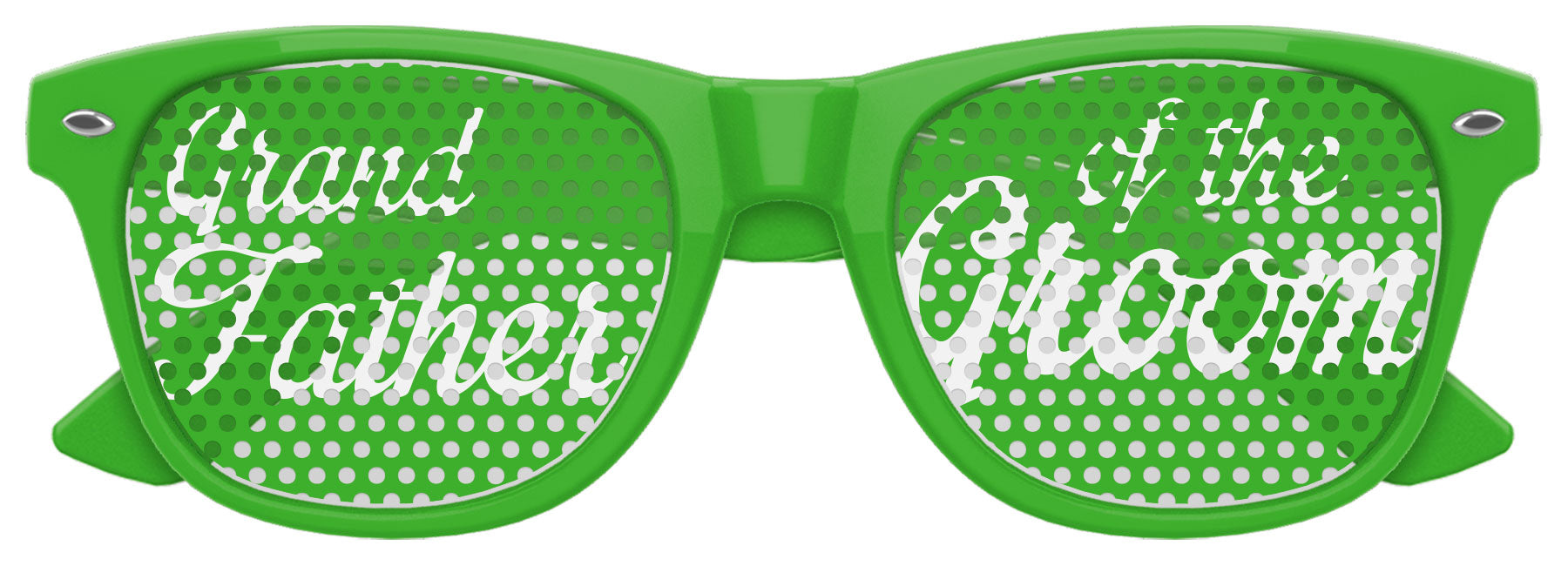 Grandfather of the groom wedding party sunglasses by Funglasses, green tinted lenses with stylish frames for groomsmen.