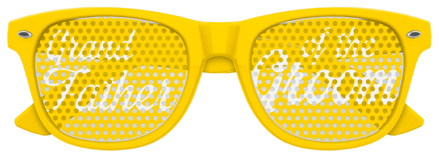 Funglasses Grandfather of the Groom wedding party sunglasses in yellow with classic frame and tinted lenses.