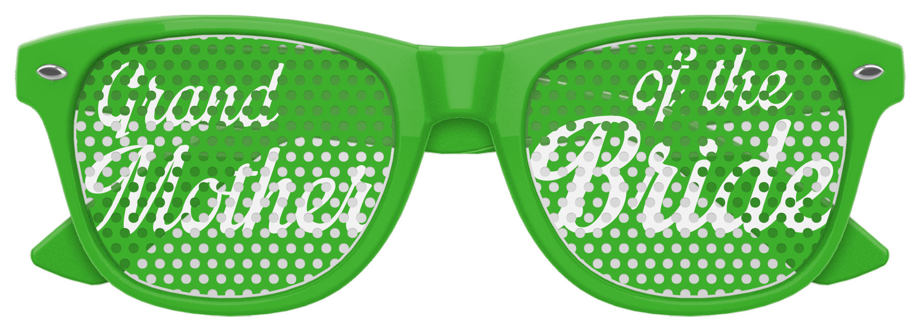 Funglasses Grandmother of the Bride wedding party sunglasses with stylish green frames and tinted lenses for special occasions.
