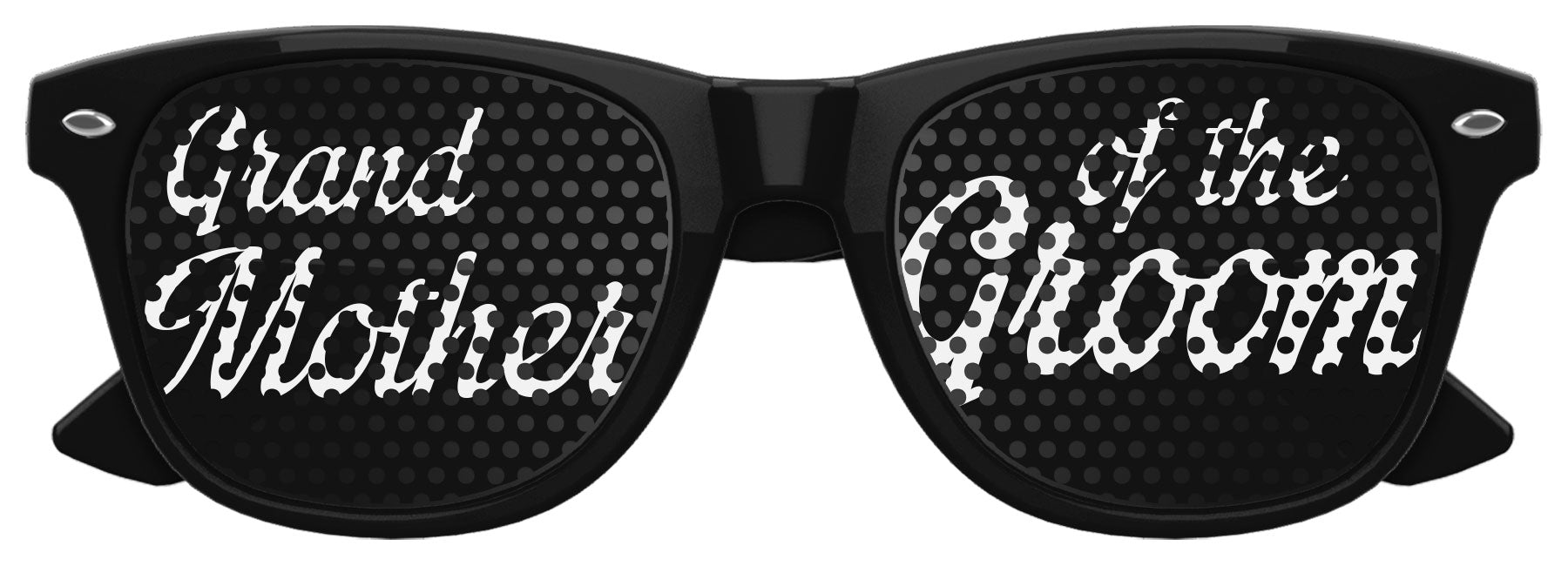 Funglasses Grandmother of the Groom wedding party sunglasses in black with classic rectangular frames, stylish and elegant.