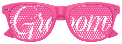 Funglasses GROOM Wedding Party sunglasses in pink with stylish frames, ideal for bridal party events and photos.