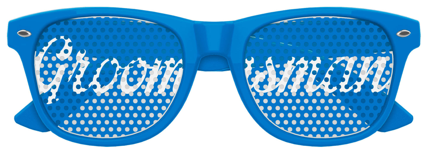 Funglasses Groomsmans wedding party sunglasses in blue with dark lenses, stylish accessories for groom and groomsmen.