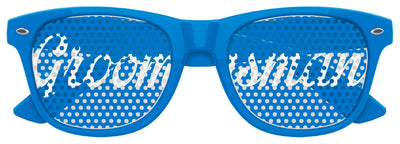 Funglasses GROOMSMAN wedding party sunglasses in blue with dark tinted lenses, stylish accessory for groomsmen.
