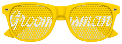Funglasses Groomsmans wedding party sunglasses in yellow with black frames, stylish eyewear for wedding celebrations.