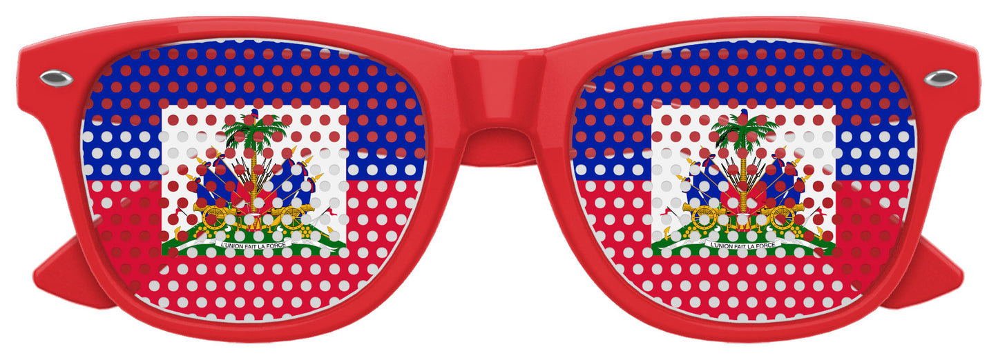 Haiti flag sunglasses with red lenses and black frame, featuring the Haiti flag design, perfect for World Cup celebrations.