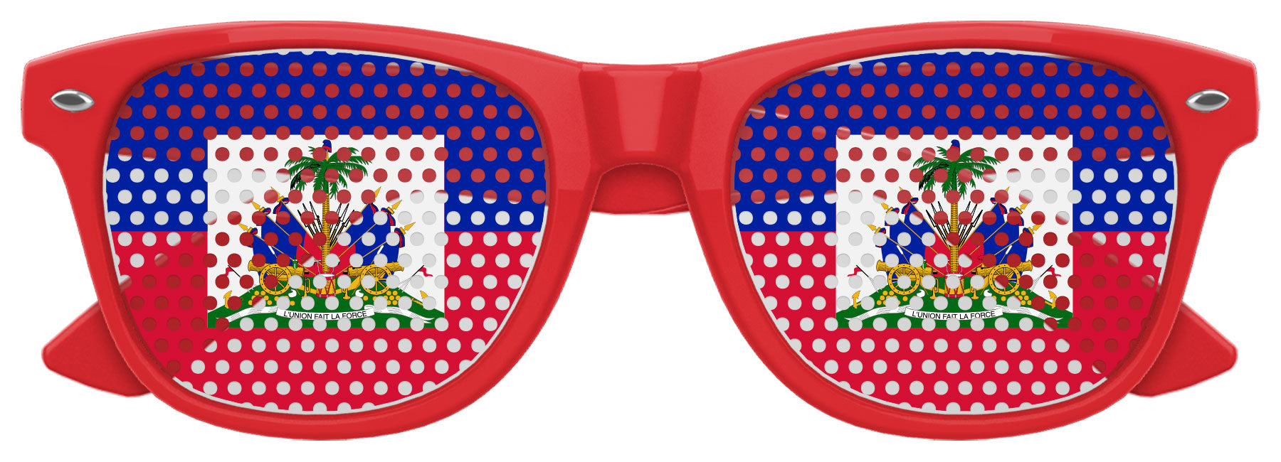 Haiti flag sunglasses with red lenses and black frame, featuring the Haiti flag design, perfect for World Cup celebrations.
