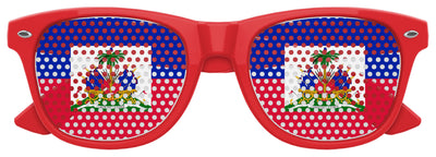 Haiti flag sunglasses by Funglasses featuring red and blue colors, perfect for World Cup parties and celebrations.