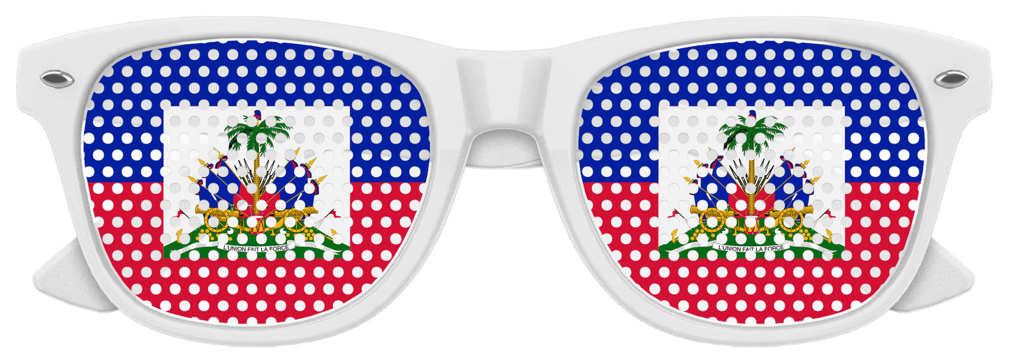 Haiti flag World Cup party sunglasses by Funglasses, white frame with Haiti flag design, perfect for soccer celebrations and events.