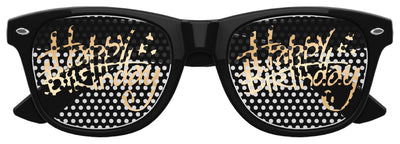 Black Happy Birthday Party Sunglasses by Funglasses featuring colorful birthday-themed designs for celebration fun.