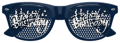 Funglasses Happy Birthday party sunglasses in navy blue with colorful birthday-themed designs, suitable for birthday celebrations.