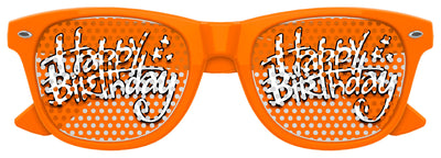 Bright orange Happy Birthday Party Sunglasses by Funglasses with colorful birthday-themed designs on the lenses.