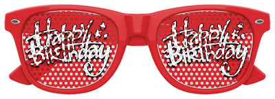 Red Happy Birthday party sunglasses by Funglasses with festive design and bold lettering for birthday celebrations.