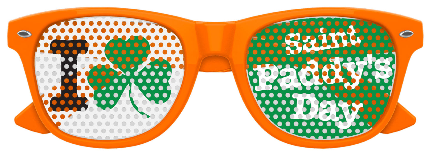 Orange "I LOVE ST PADDY'S DAY" party sunglasses by Funglasses with shamrock design and colorful frames, perfect for St. Patrick's Day celebrations.