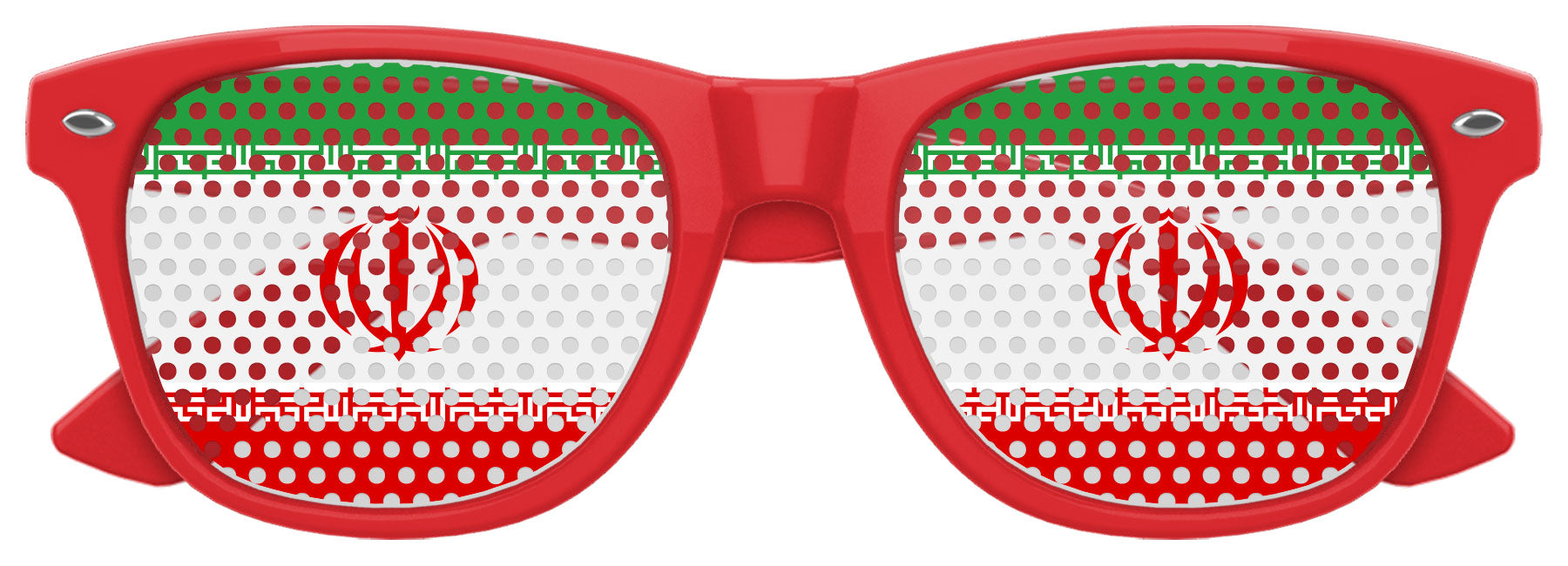 Funglasses with Iran flag design for World Cup party, featuring red and white colors, stylish sunglasses for football fans