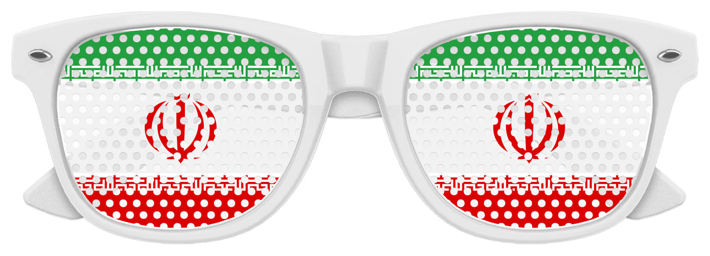 Funglasses with Iran flag design for World Cup parties, featuring white frames and patriotic flag print.