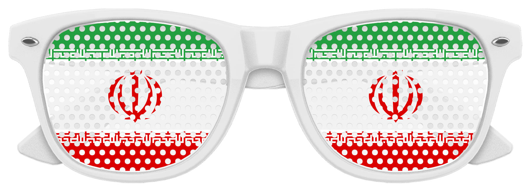 Funglasses with Iran flag design for World Cup parties, featuring white frames and patriotic flag print.