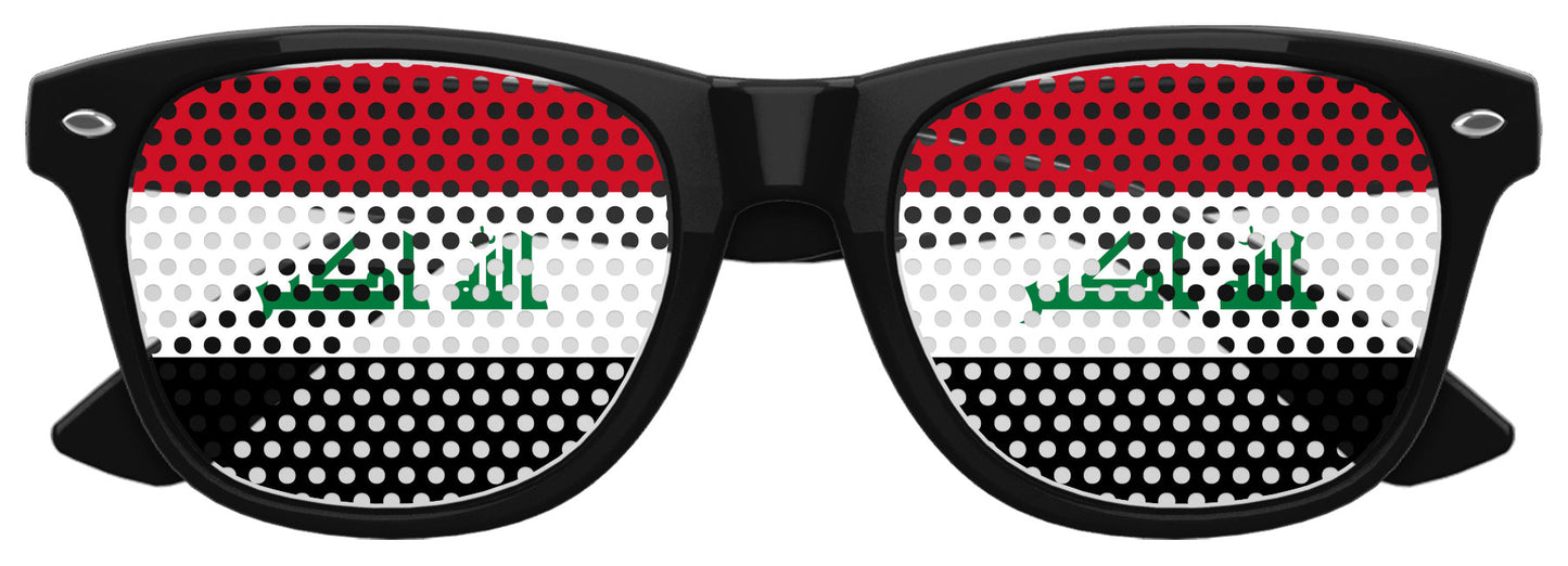 Black Iraq flag sunglasses by Funglasses, World Cup party eyewear with Iraqi flag design and UV protection.