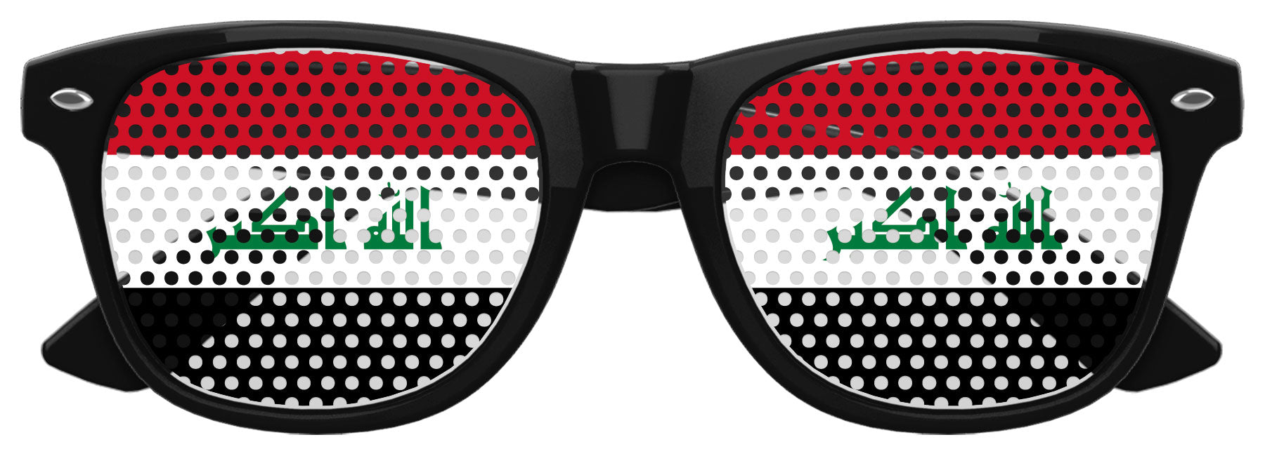 Black Iraq flag sunglasses by Funglasses, World Cup party eyewear with Iraqi flag design and UV protection.