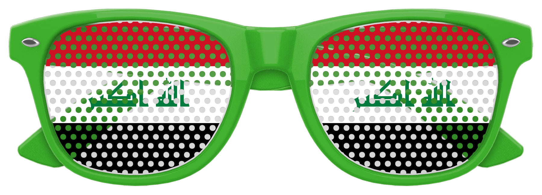 Funglasses featuring the Iraq flag design, green and white colors, shaped for a World Cup party, with tinted lenses.