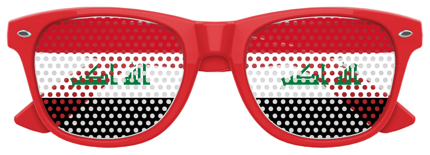 Funglasses with Iraq flag design for World Cup parties, featuring red and white colors and patriotic flag graphics.