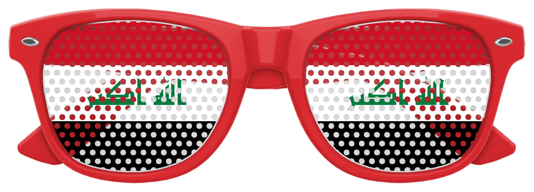 Funglasses with Iraq flag design for World Cup parties, featuring red and white colors and patriotic flag graphics.