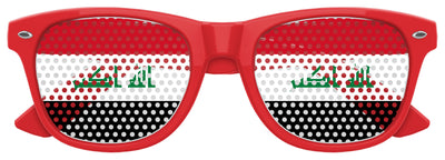 Funglasses with Iraq flag design for World Cup parties, featuring red and white colors and patriotic flag graphics.