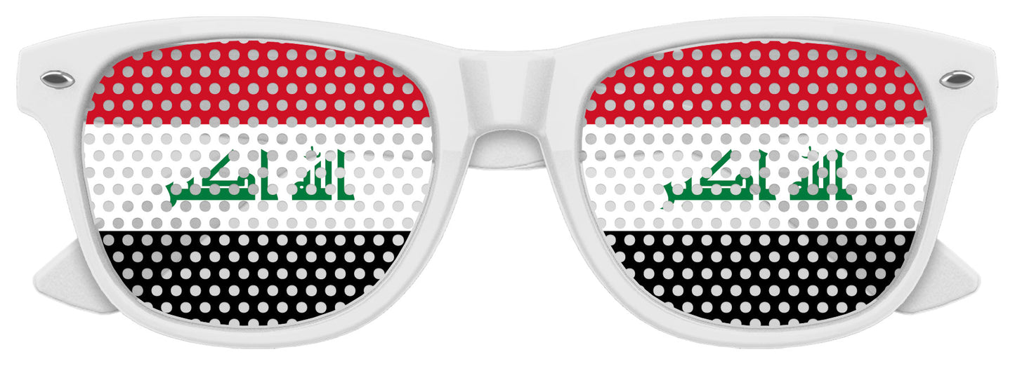 Funglasses with Iraq flag design, white sports sunglasses for World Cup parties, featuring bold Iraq flag graphics on the frame.