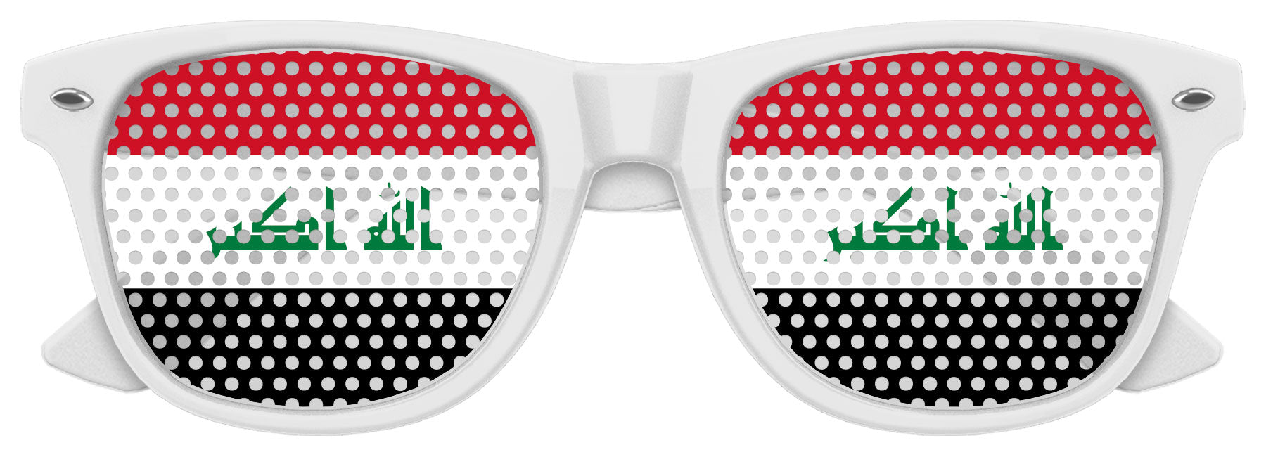 Funglasses with Iraq flag design, white sports sunglasses for World Cup parties, featuring bold Iraq flag graphics on the frame.