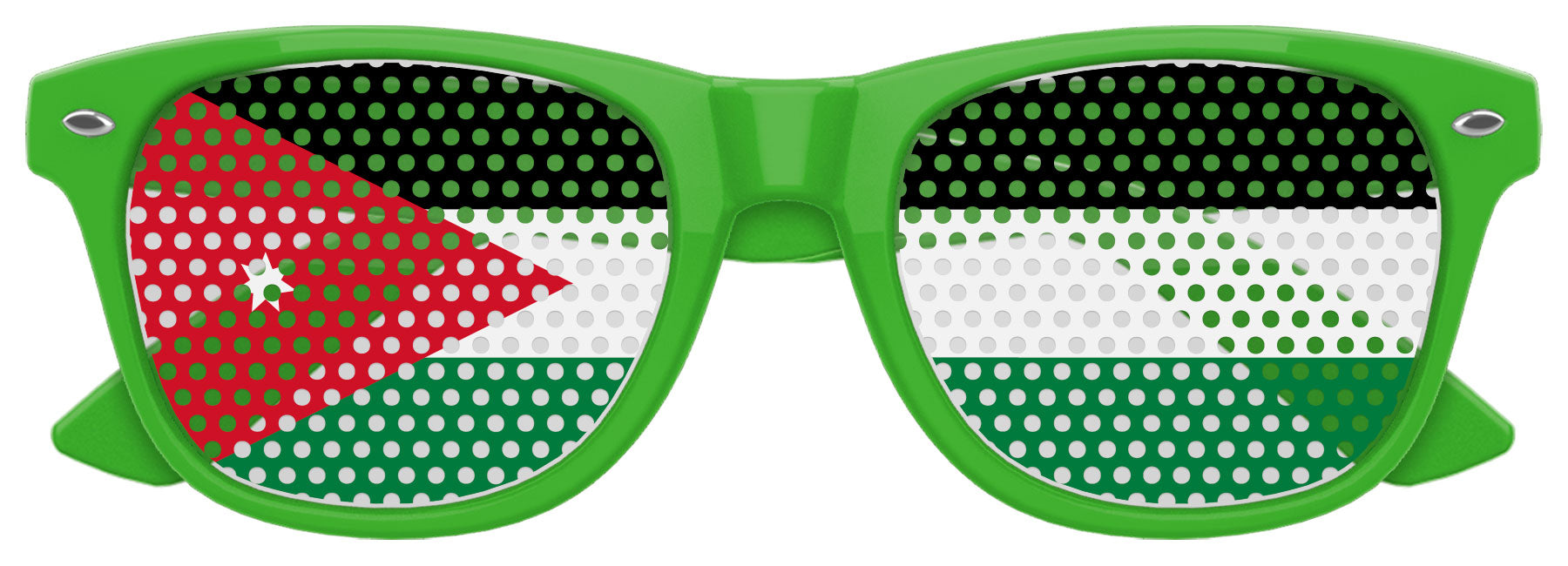 Green Jordan Flag World Cup Party sunglasses by Funglasses with bold Jordan flag design on stylish sunglasses lenses.