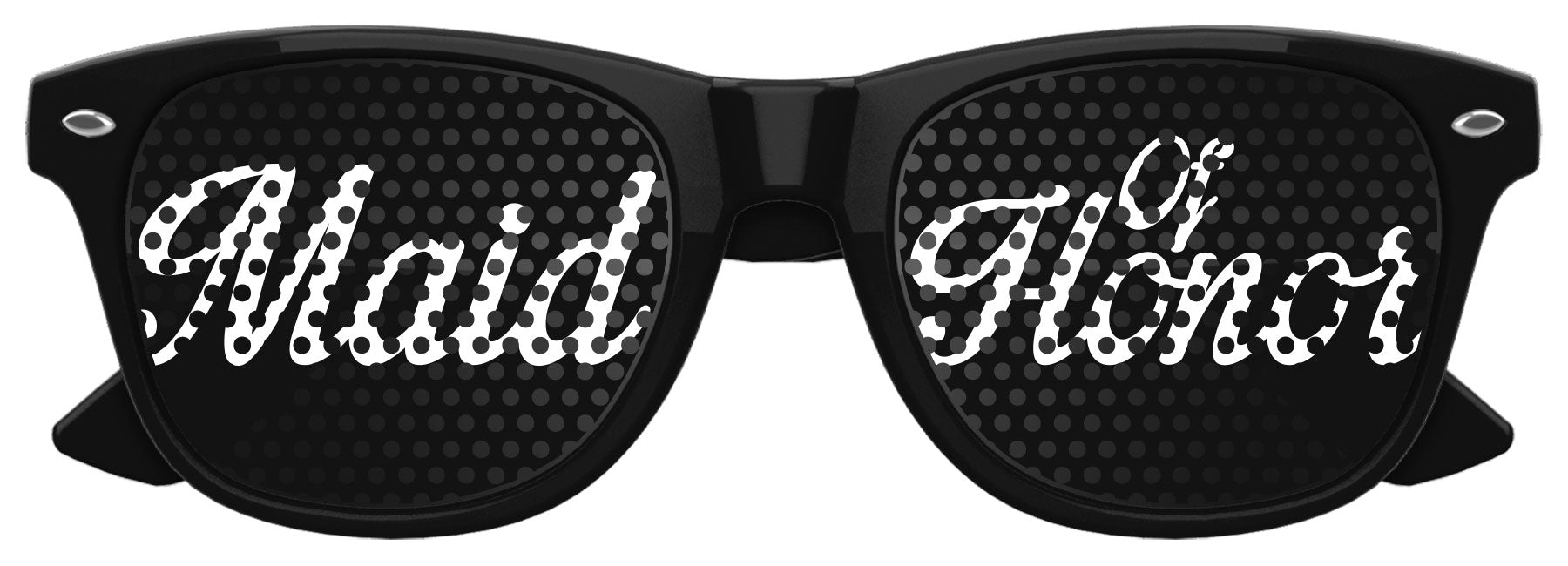 Funglasses Maid of Honor wedding party sunglasses in black with white text, stylish eyewear for bridesmaids and wedding events.