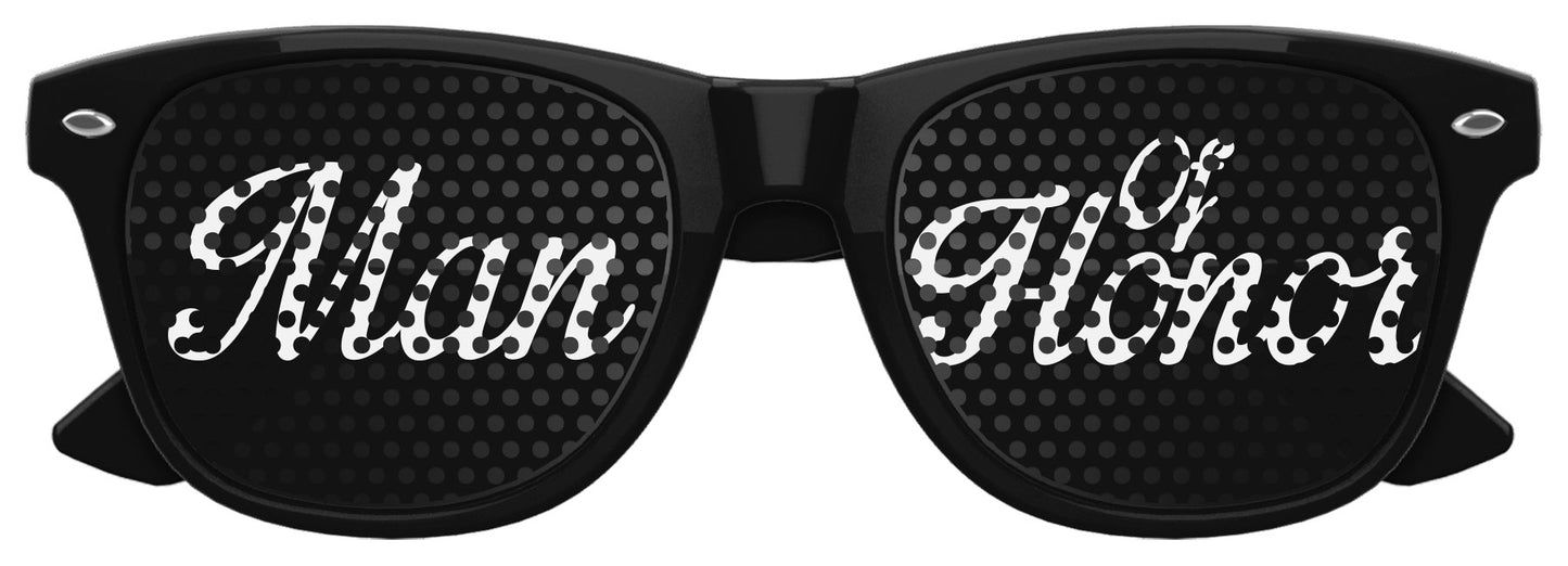 Black MAN OF HONOR wedding party sunglasses by Funglasses, stylish eyewear for special occasions and celebrations.