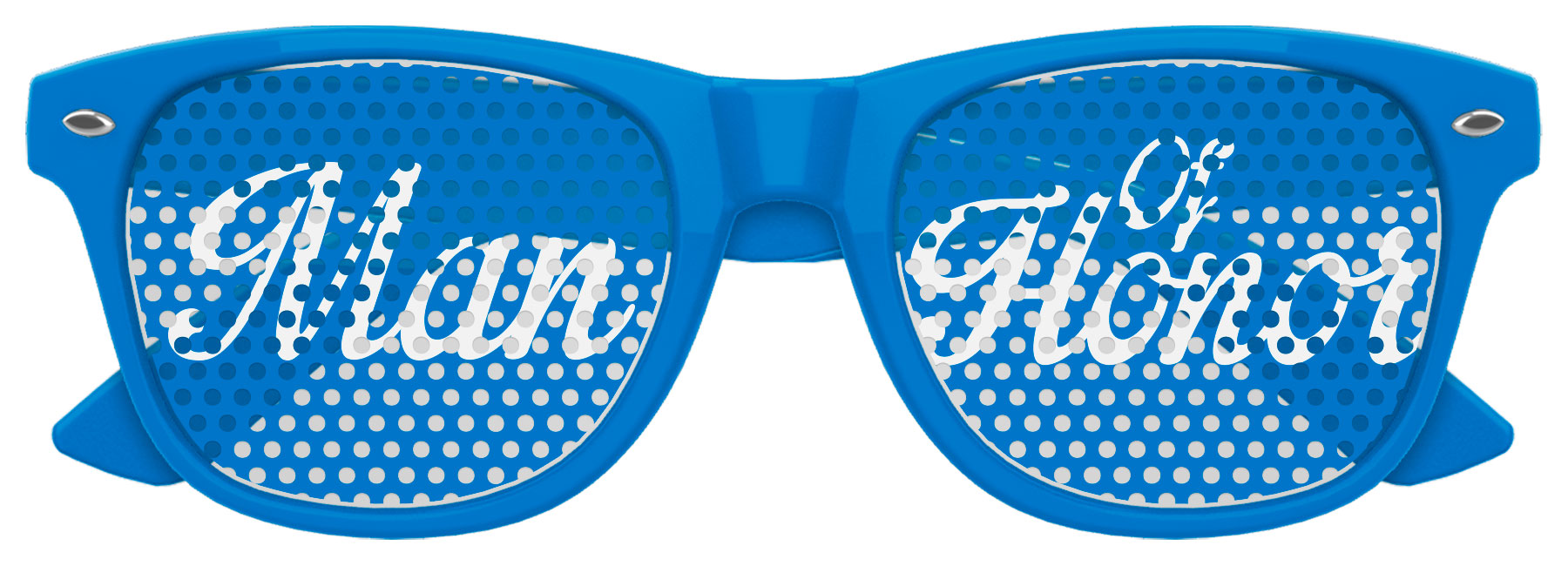 Blue MAN OF HONOR wedding party sunglasses by Funglasses, featuring stylish frames and "Man of Honor" text for wedding celebrations.