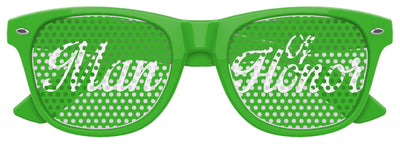 Green Man of Honor wedding party sunglasses by Funglasses, featuring stylish design and clear lenses on a white background.