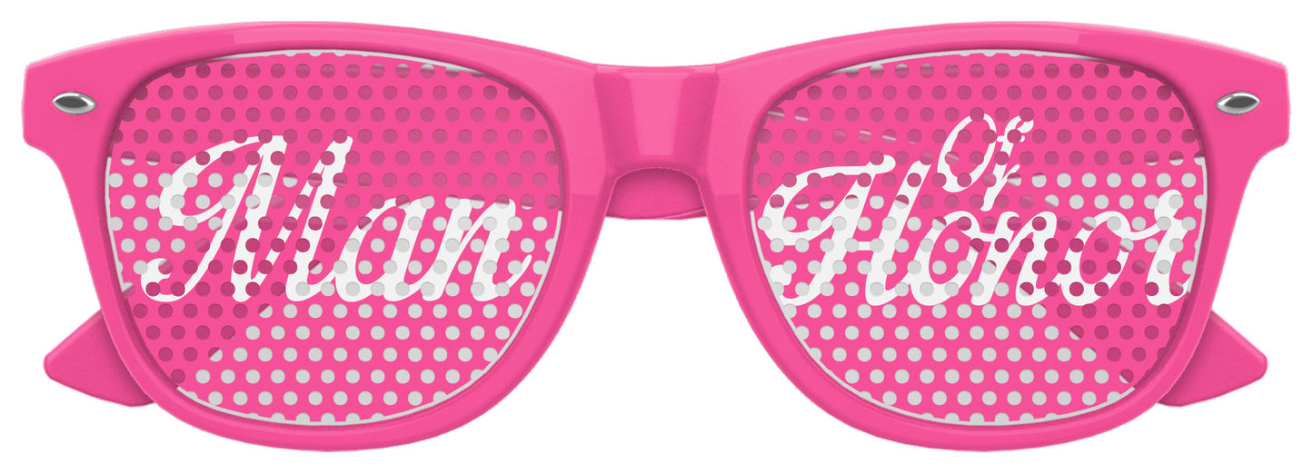 Pink MAN OF HONOR wedding party sunglasses by Funglasses, stylish eyewear with tinted lenses for special occasions.