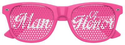Pink MAN OF HONOR wedding party sunglasses by Funglasses, stylish eyewear with tinted lenses for special occasions.