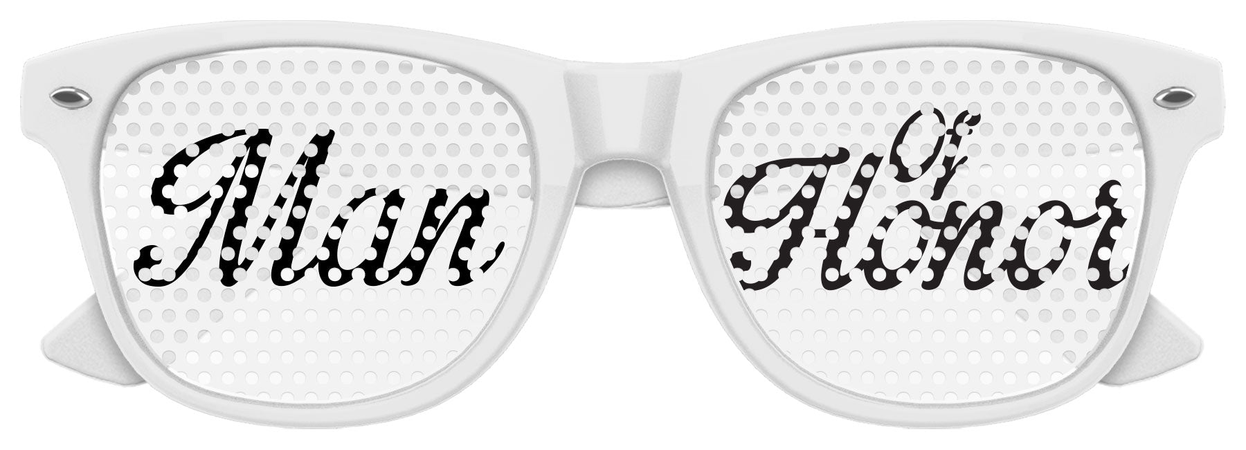 Funglasses MAN OF HONOR wedding party sunglasses in white with black lenses, stylish accessory for groomsmen and wedding events.