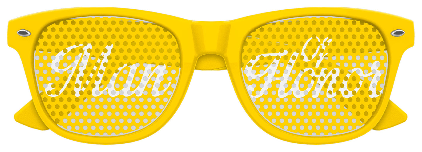 Yellow Man of Honor wedding party sunglasses by Funglasses with black frames and tinted lenses for stylish celebration.