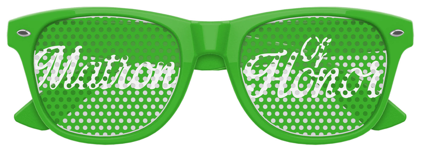 Green sunglasses for matron of honor from Funglasses, stylish wedding party eyewear with a sleek design.