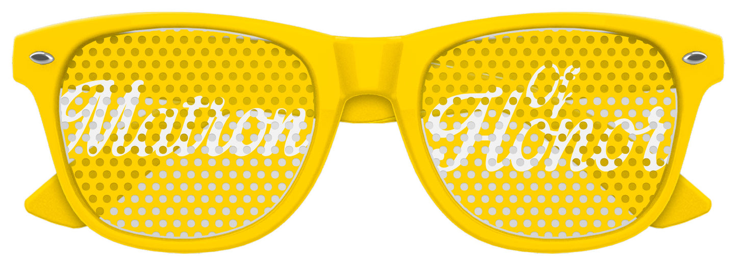 Funglasses Matron of Honor wedding party sunglasses in yellow, stylish accessory with "Matron of Honor" lettering, on a white background.