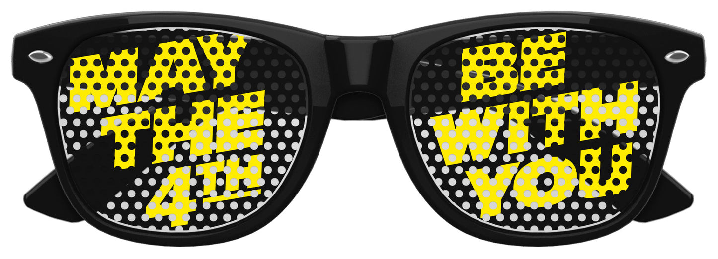 Black "May the 4th Be With You" party sunglasses by Funglasses featuring Star Wars-themed design.