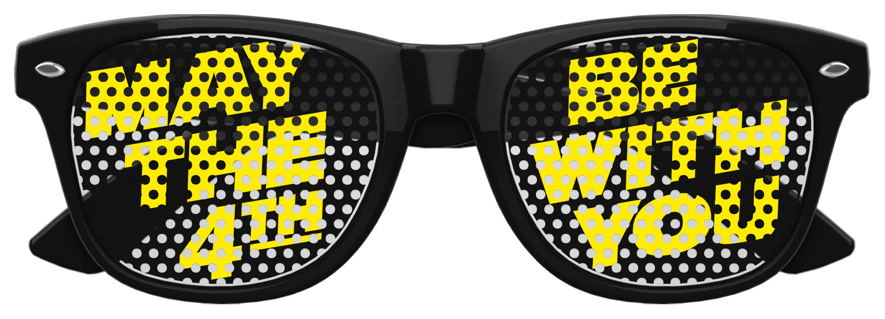 Black "May the 4th Be With You" party sunglasses by Funglasses featuring Star Wars-themed design.