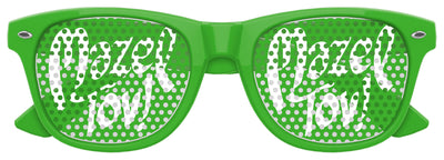 Green Funglasses MAZEL TOV wedding party sunglasses with bold frames and custom lettering, perfect for celebration photos.