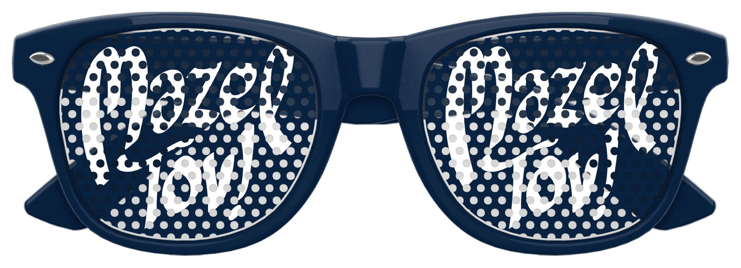 Funglasses MAZEL TOV wedding party sunglasses in navy blue with white lettering on the lenses, perfect for celebrating weddings.
